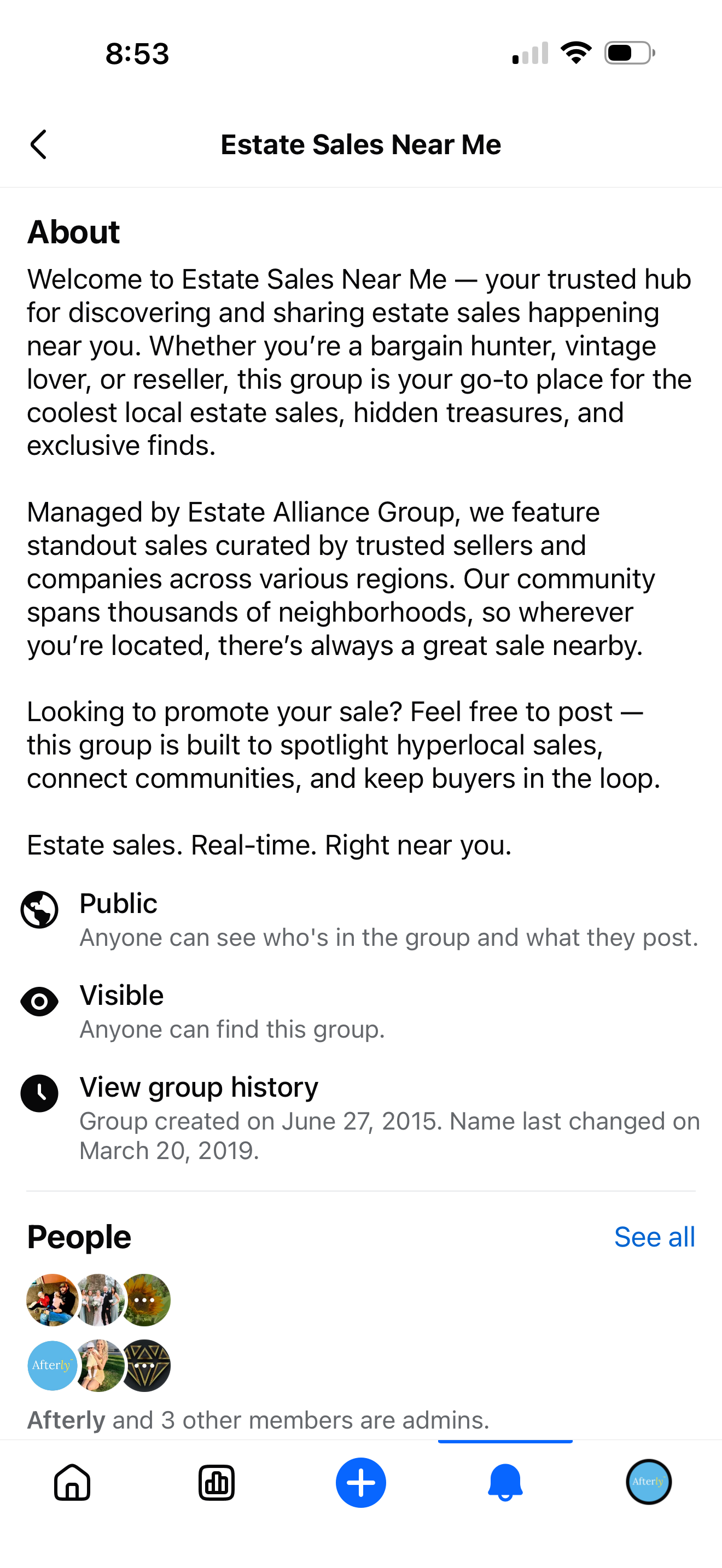 Facebook About page for Estate Sales Near Me showing Managed by Estate Alliance Group, Public and Visible status, Group created on June 27 2015, and Afterly and 3 other members are admins