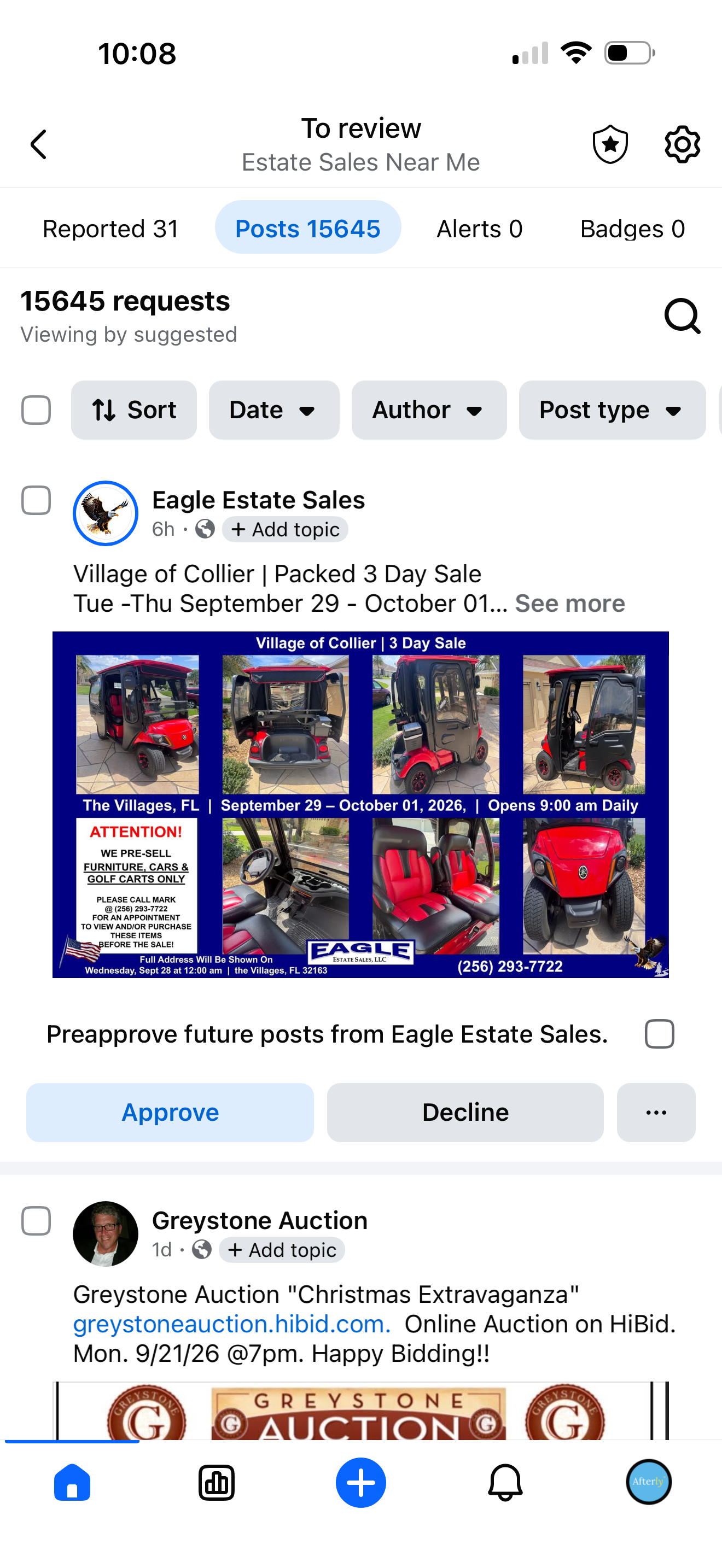Facebook admin view of Estate Sales Near Me showing 15,645 pending post requests from estate sale companies